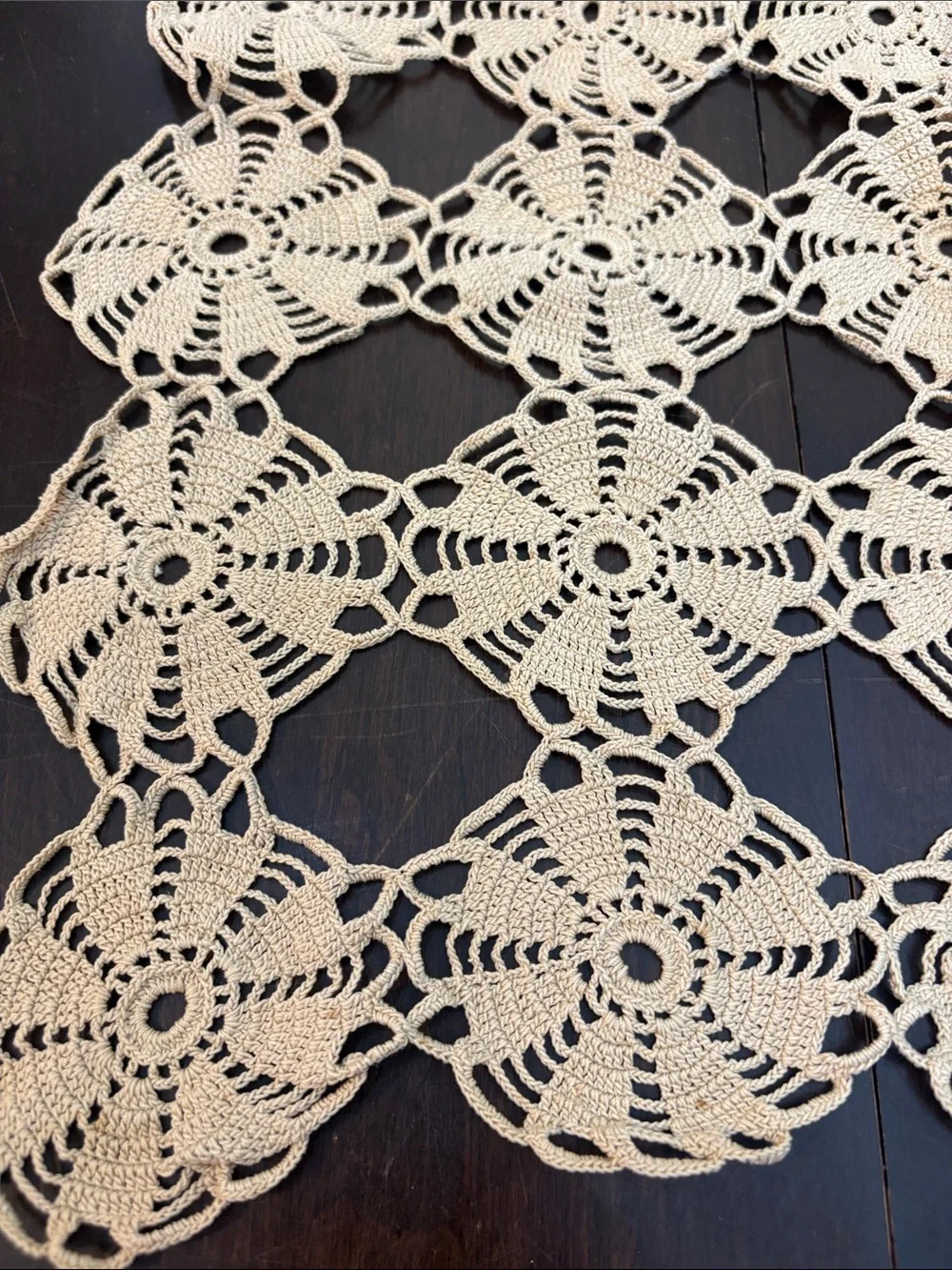 Vintage Handmade Crochet Table Runner in Taupe